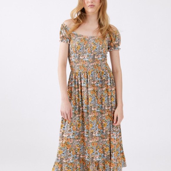 UO Tessie Smocked Puff Sleeve Midi Dress Size XS